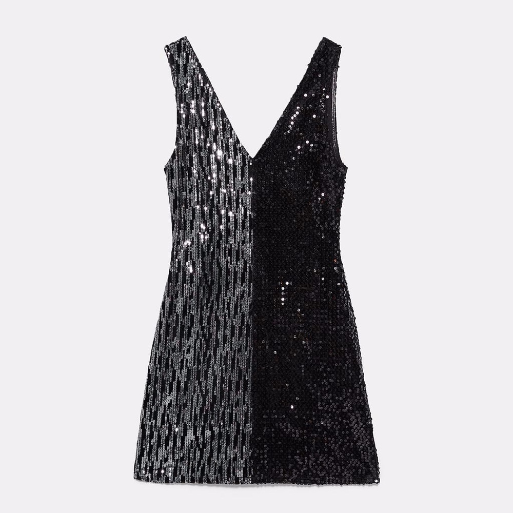 NWT ZARA V-NECK MESH DRESS WITH SEQUINS BLACK M
